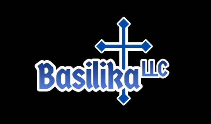 The Basilika LLC logo, the name in blue lettering beside a blue cross