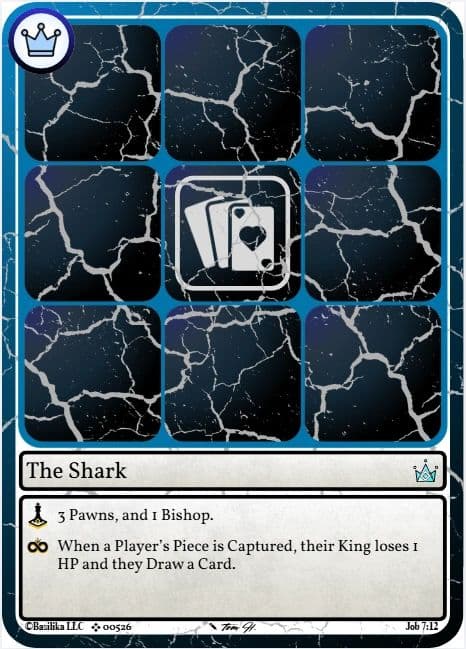 The Shark, a finished Foundation set card, with a cracked black and blue 3x3 tile pattern above its card text